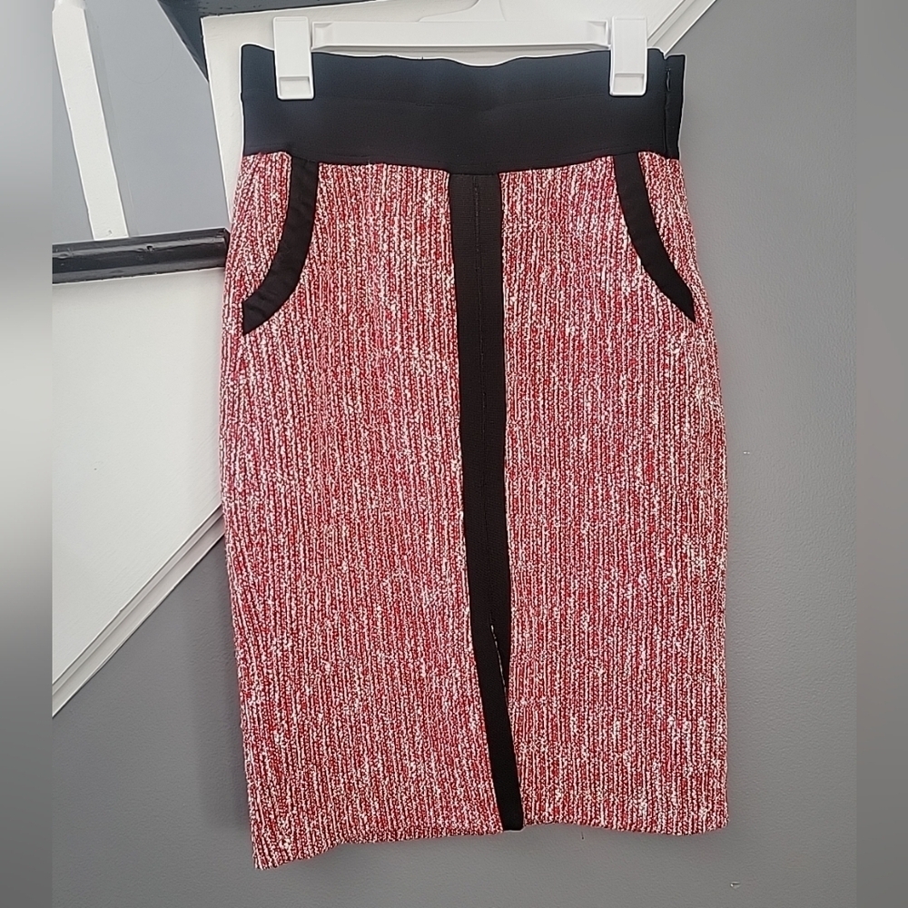 Maje Skirt Womens Medium 42 Jivor Tweed Pencil Midi Red White Pockets - Picture 2 of 5